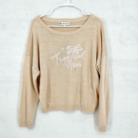 Beachly X Goldfish Kiss Oversized Knit Solid Tan Color Block Pullover Sweater M - Picture 2 of 7